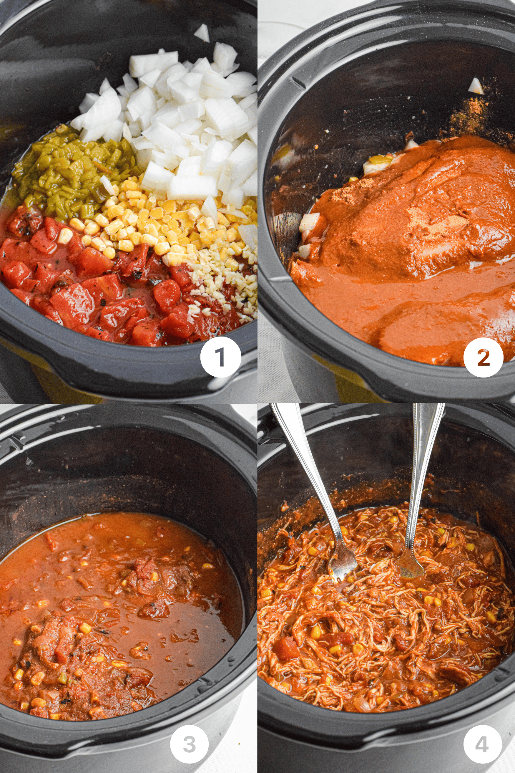 Four photos numbered 1 through 4 showing steps to make chicken enchilada casserole in the slow cooker, including mixing the ingredients together, then topping with sauce, cooking in the slow cooker and then shredding the chicken with two forks. 