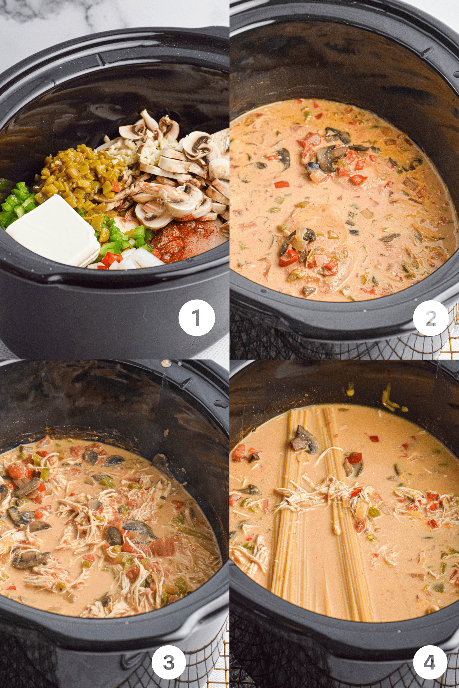 A four-step photo collage showing the process of making slow cooker chicken spaghetti.

Raw ingredients including sliced mushrooms, diced green chiles, cream cheese, bell peppers, onion, and spices are placed in the slow cooker.

Ingredients are mixed and cooking with whole chicken breasts in a creamy sauce.

Chicken is shredded and stirred into the sauce with cooked vegetables.

Uncooked spaghetti noodles are added directly to the slow cooker to finish cooking in the sauce.