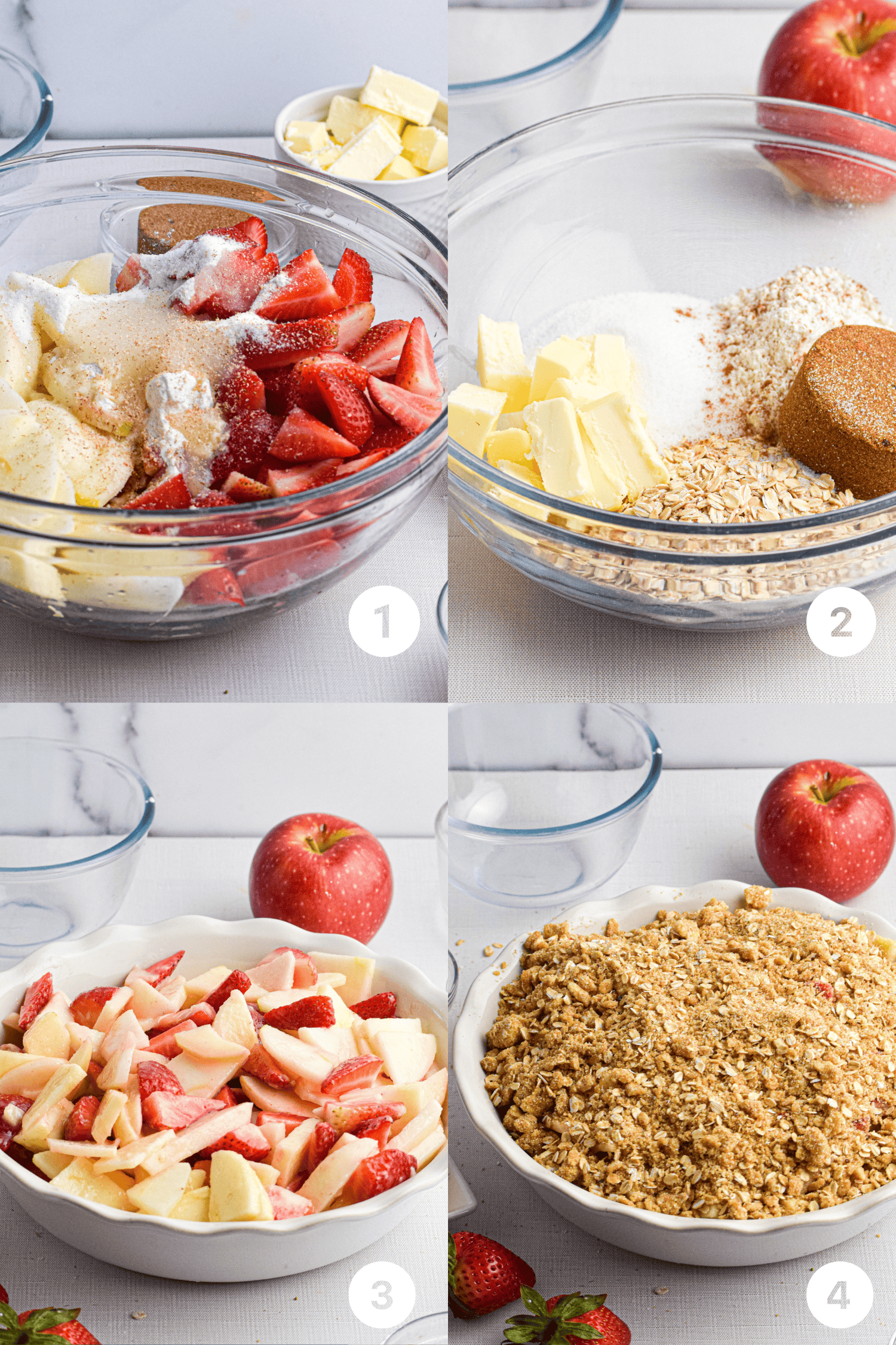 Step by Step photos for making Strawberry apple crisp starting with a bowl of fruit and sugar and flour, butter and oats in a crumble topping, and the assembled in a white pie dish. 