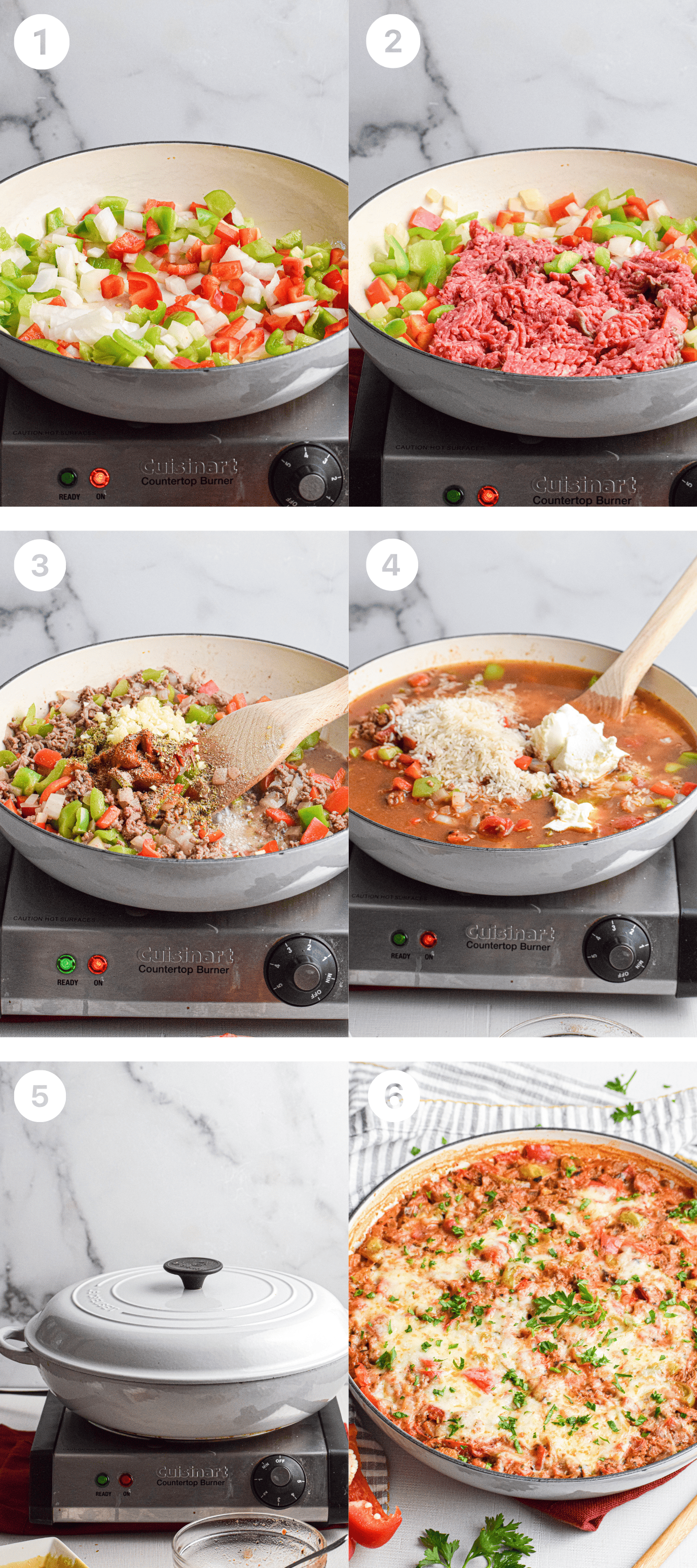 Step-by-step images show cooking chopped vegetables, browning ground meat, adding seasonings and cheese for a stuffed pepper casserole, simmering covered, and the final baked casserole topped with herbs.