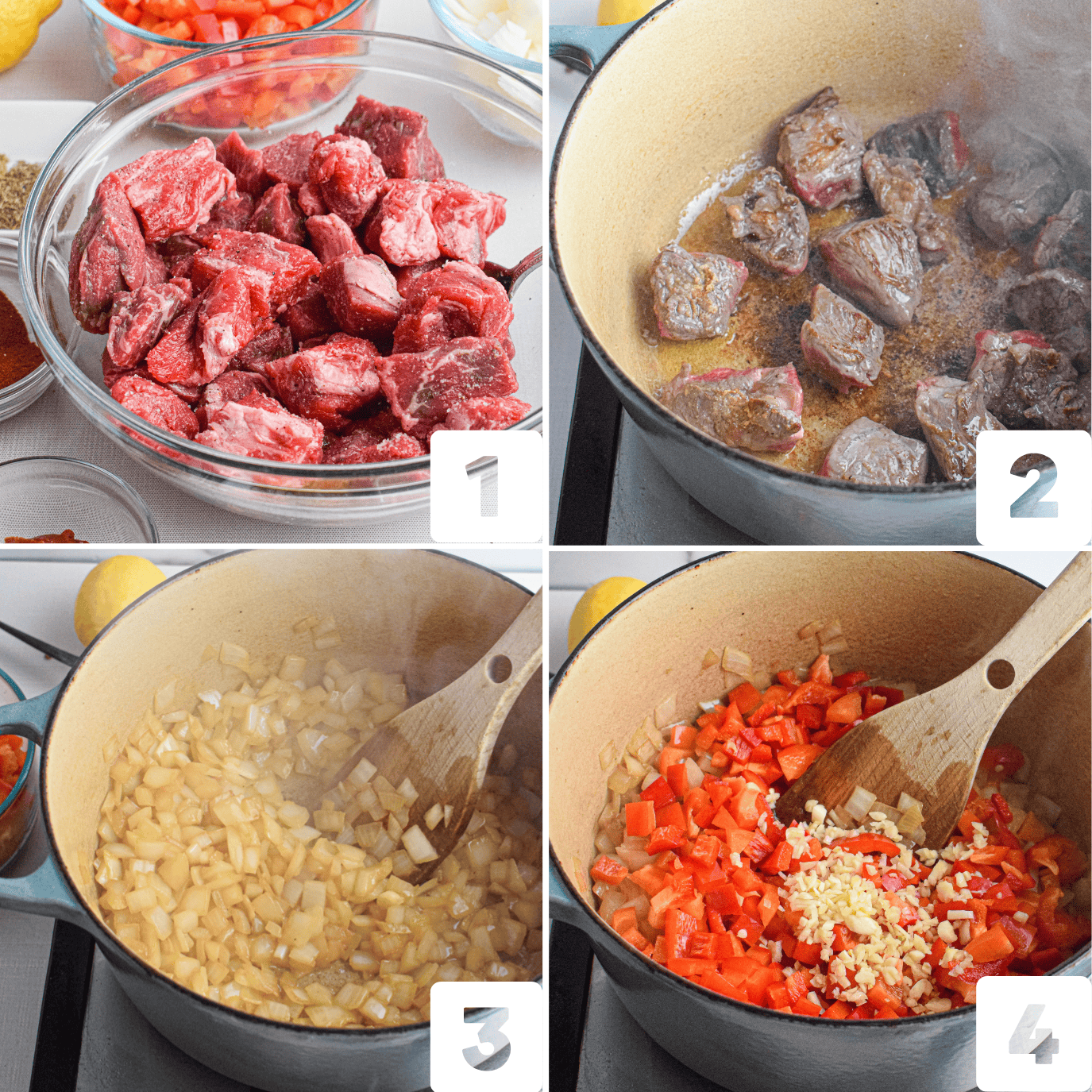 Four-panel collage showing steps of cooking Hungarian Beef Goulash: raw beef cubes in a bowl, beef browning in a pot, onions sautéing, and onions with chopped red peppers and minced garlic in a pot.