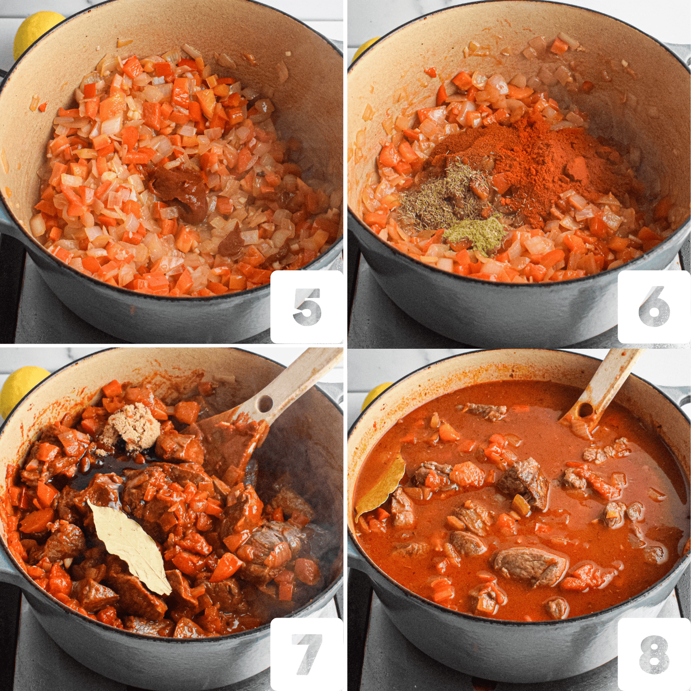A four-panel image showing the steps of making Beef Goulash stew: sautéed vegetables, adding spices, stirring in meat and a bay leaf, and simmering beef goulash in broth. Panels are labeled 5 to 8.