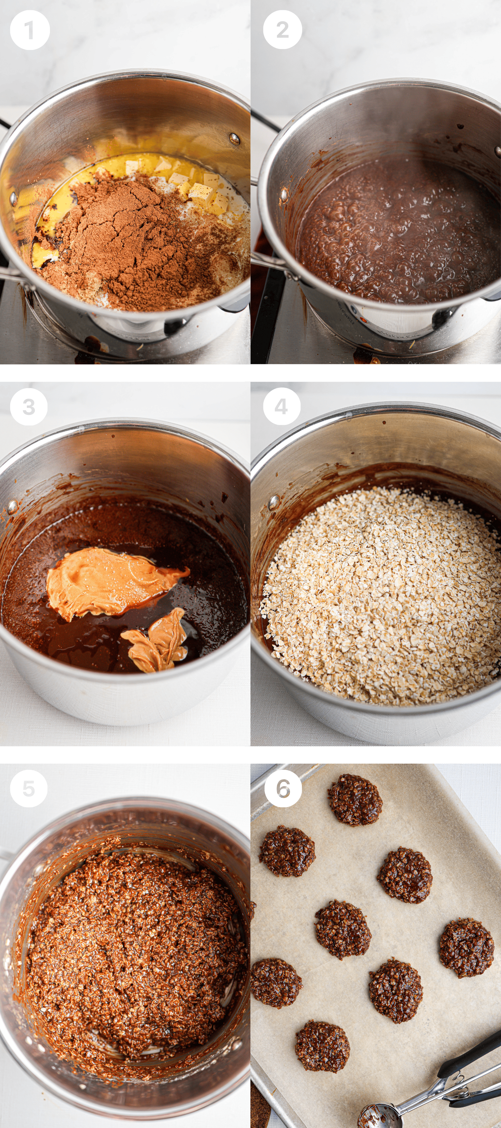 Six-panel image illustrating the No Bake Cookies process: melting ingredients, mixing in peanut butter and oats, then shaping No Bake Cookies on a baking sheet.