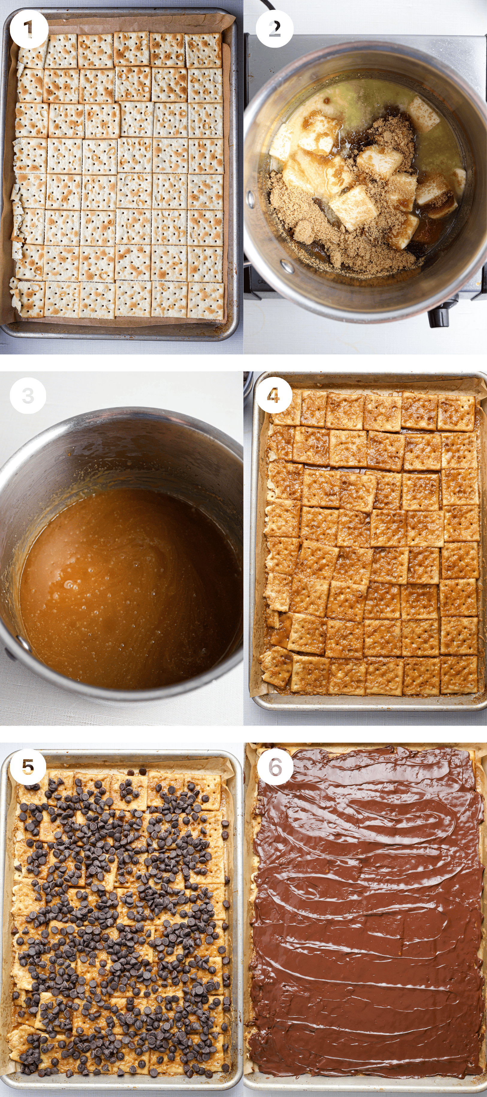 Step-by-step images show how to make Christmas crack: a baking tray with saltine crackers, melted butter and sugar mixture, caramel sauce, crackers covered in caramel, chocolate chips, and the finished dessert with a chocolate layer.
