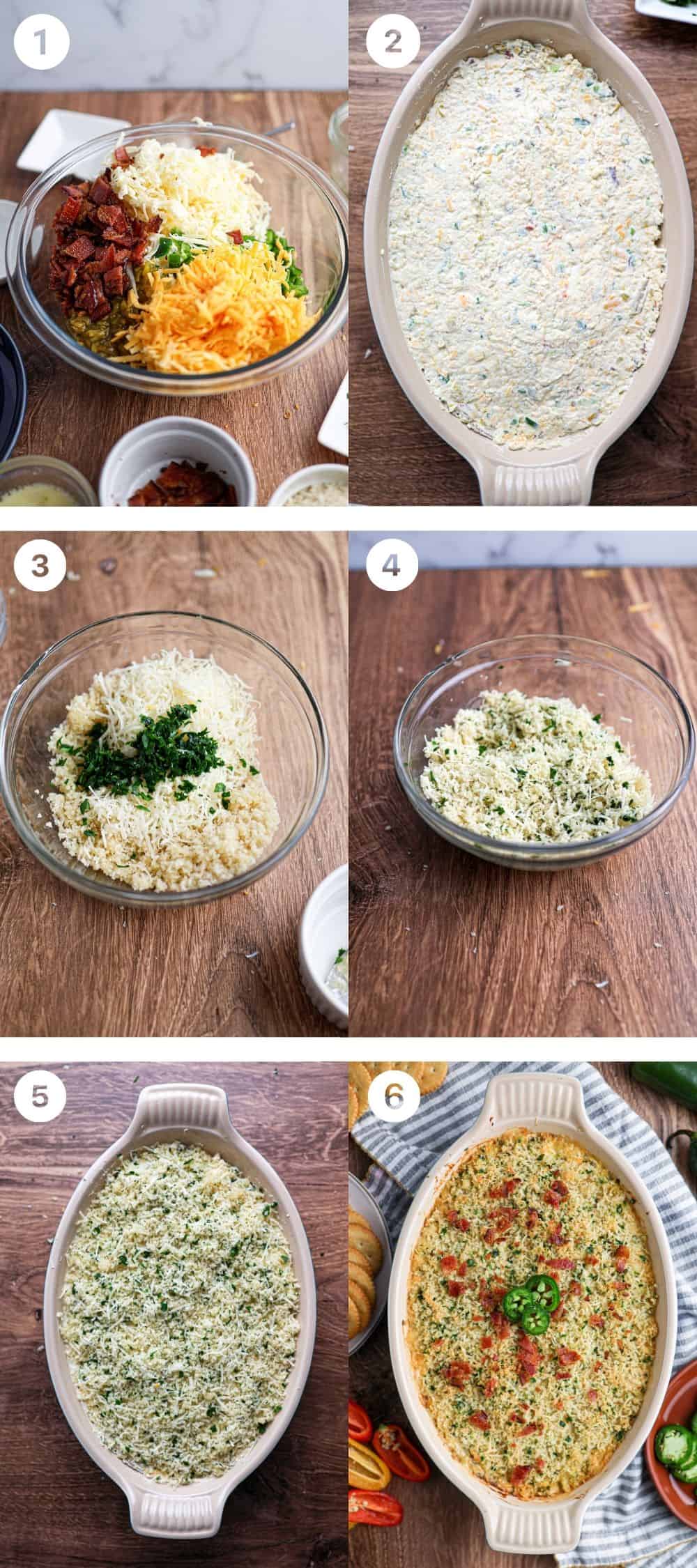 A step-by-step process of preparing a baked rice casserole, blending flavors inspired by Jalapeño Popper Dip—mixing ingredients, layering in a baking dish, then finishing the baked dish with herbs and a touch of spice.