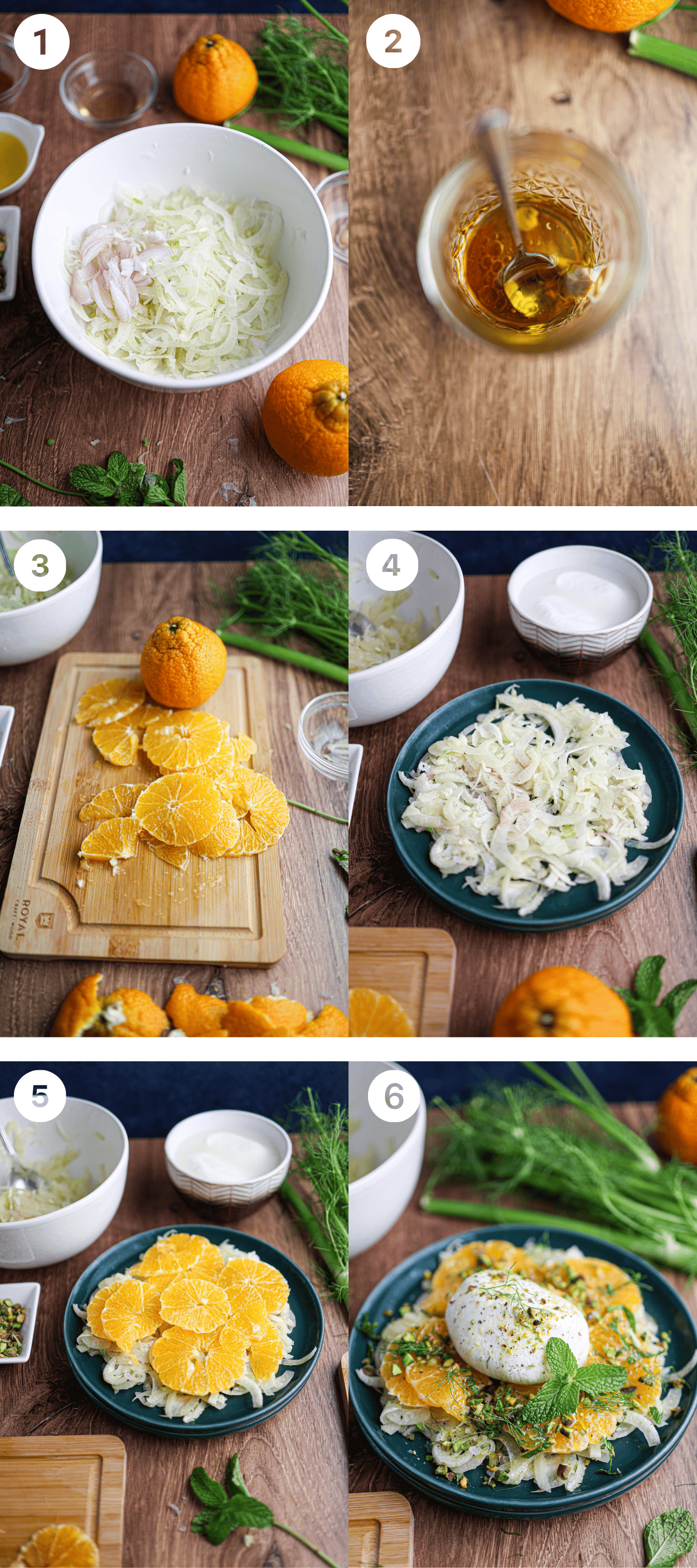 Step-by-step images show the preparation of a citrus and fennel salad with burrata, featuring shaved fennel, onions, orange slices, dressing, and finished with creamy cheese and fresh herbs on a plate.