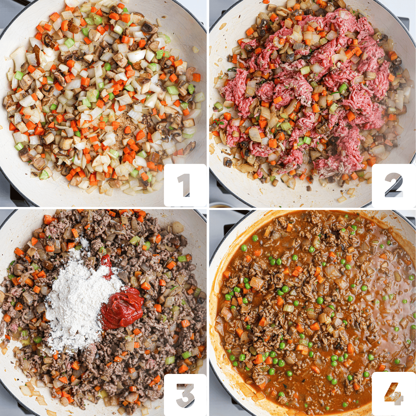 Step-by-step images show how to make a savory Shepherd's pie sauce: sautéing vegetables, adding ground beef, mixing in flour and tomato paste, then simmering with peas and sauce.