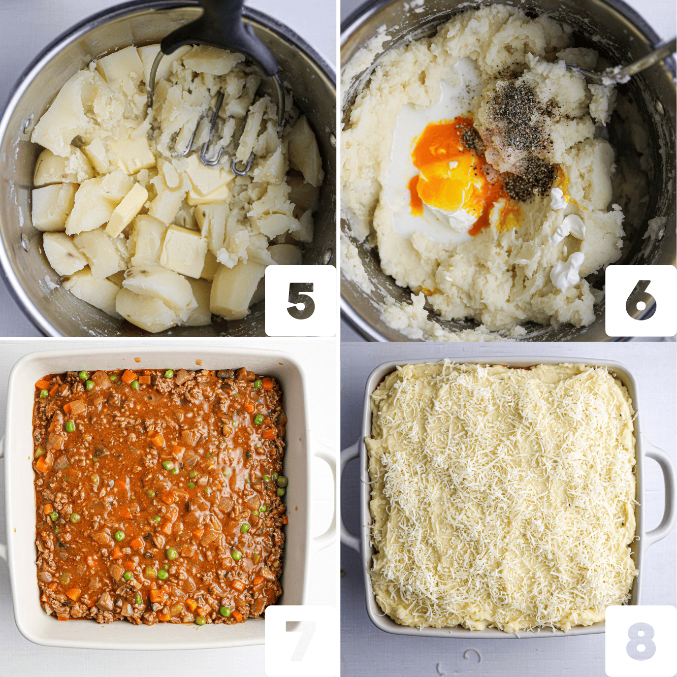 Follow this four-step Shepherd’s pie process: mash potatoes, mix with egg and seasonings, layer cooked meat and vegetables, then top with mashed potatoes and cheese before baking.