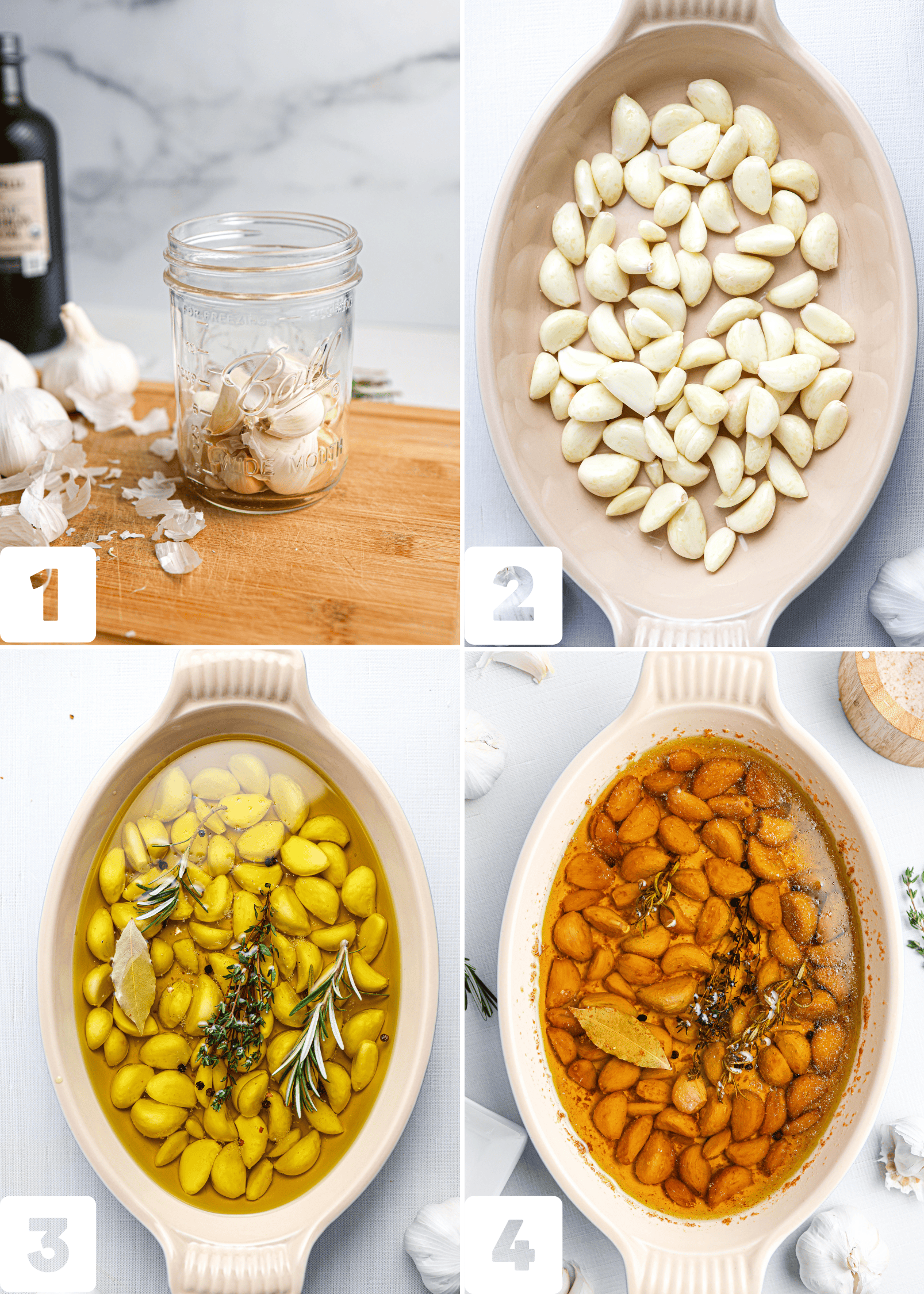 A four-step garlic confit process: peel garlic, place cloves in a baking dish, cover with oil and herbs, then roast until the garlic confit is golden and tender in fragrant oil.