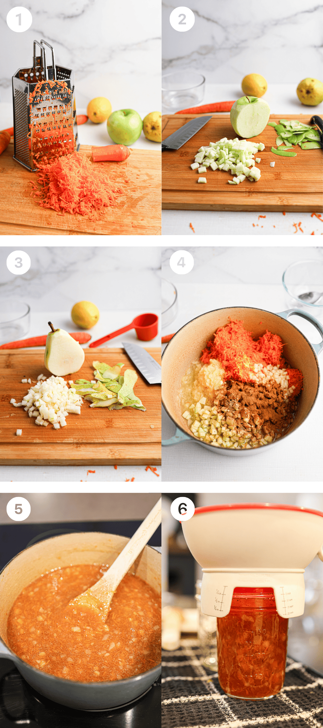 Step-by-step images show ingredients for carrot cake jam being grated, chopped, mixed in a pot, cooked, and then poured through a sieve into a jar to make delicious homemade preserves.