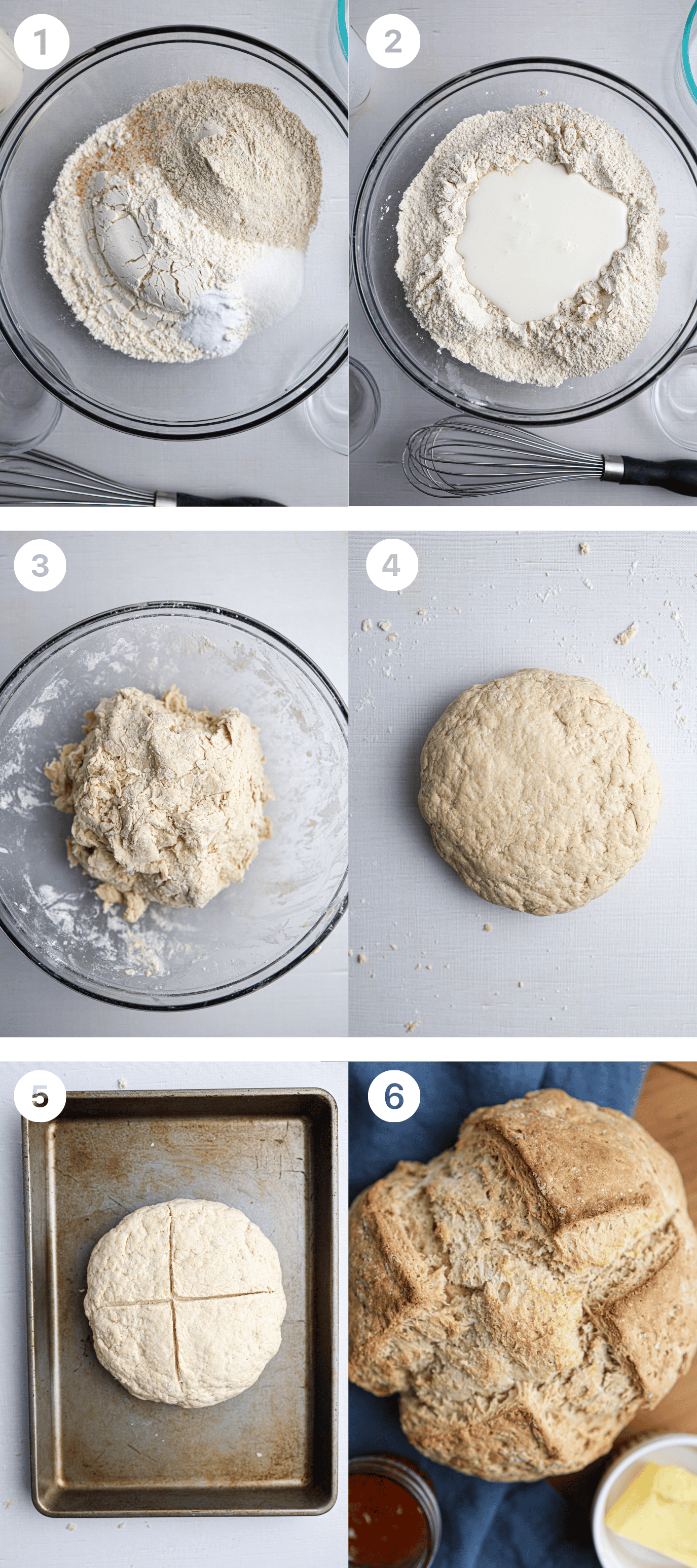 A step-by-step process of making Irish soda bread dough: mixing dry ingredients, adding liquid, forming dough, shaping, scoring on a baking tray, and the final baked loaf.
