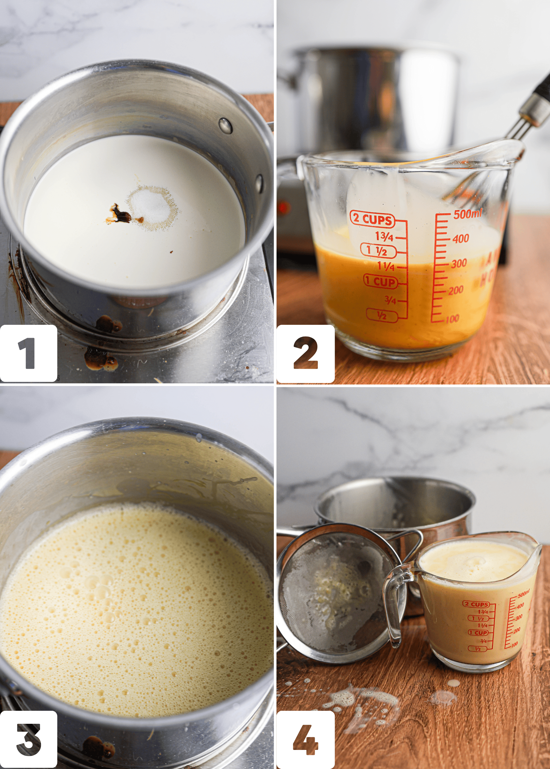 Four-step process of making a custard for Crème Brûlée: heat milk in a pot, mix eggs in a measuring cup, combine and cook the mixture, then strain it into a cup.