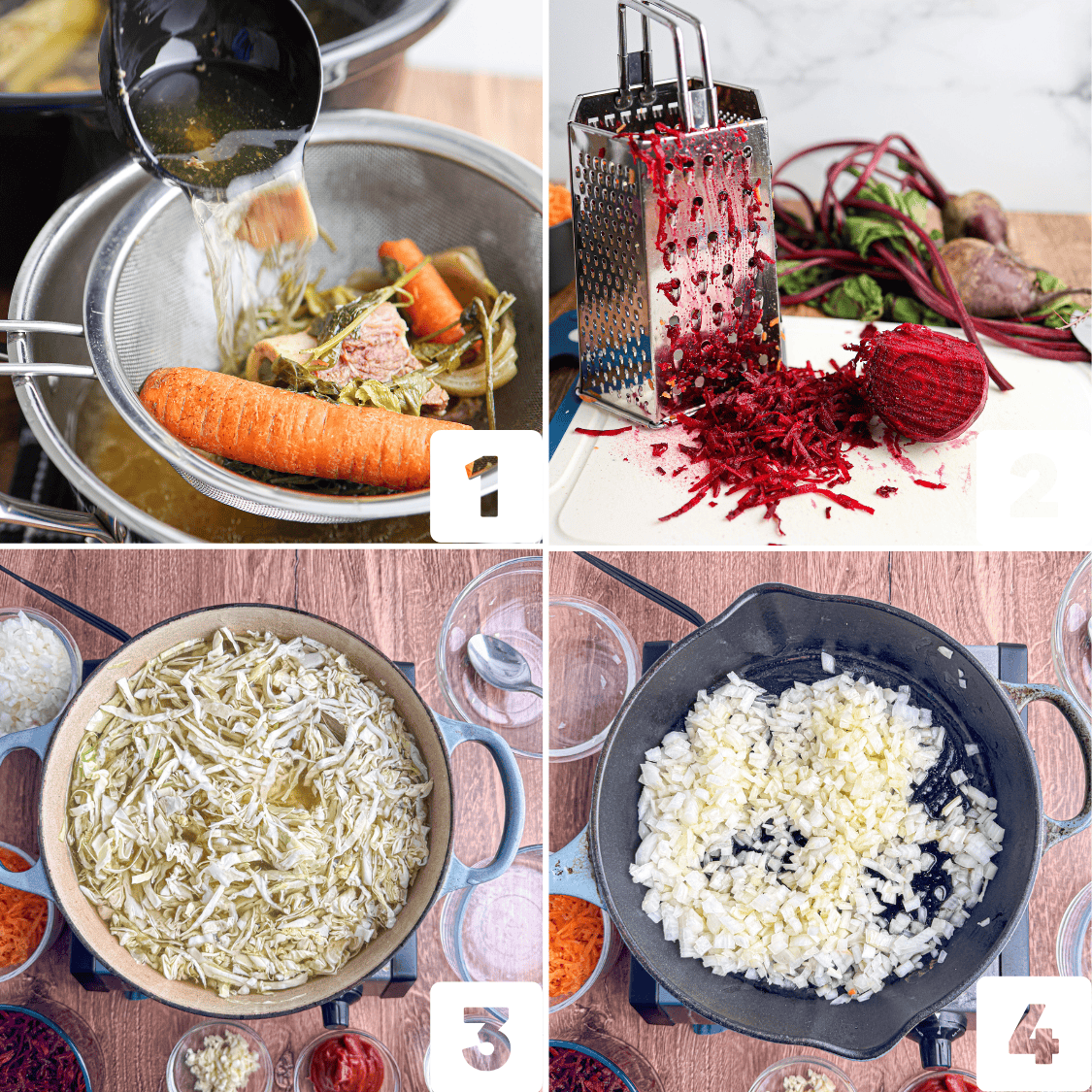 Four-step cooking process for borscht: 1) Straining broth over vegetables, 2) Grating beets, 3) Shredded cabbage in a pot, 4) Chopped onions sautéing in a pan.