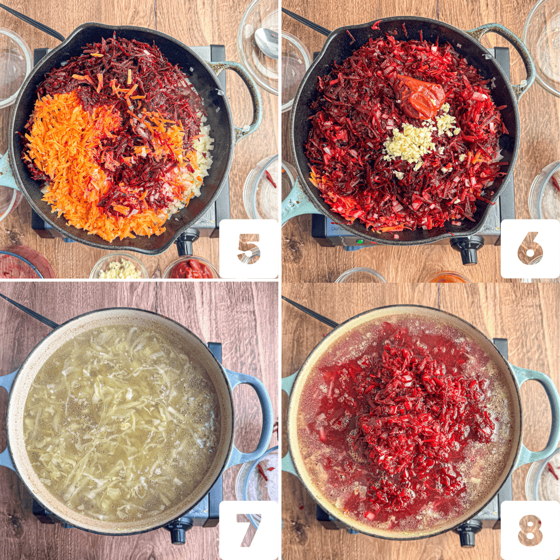Step-by-step cooking process showing shredded vegetables in a skillet for borscht (steps 5 and 6), boiling broth in a pot (step 7), and adding vegetables to the pot (step 8).