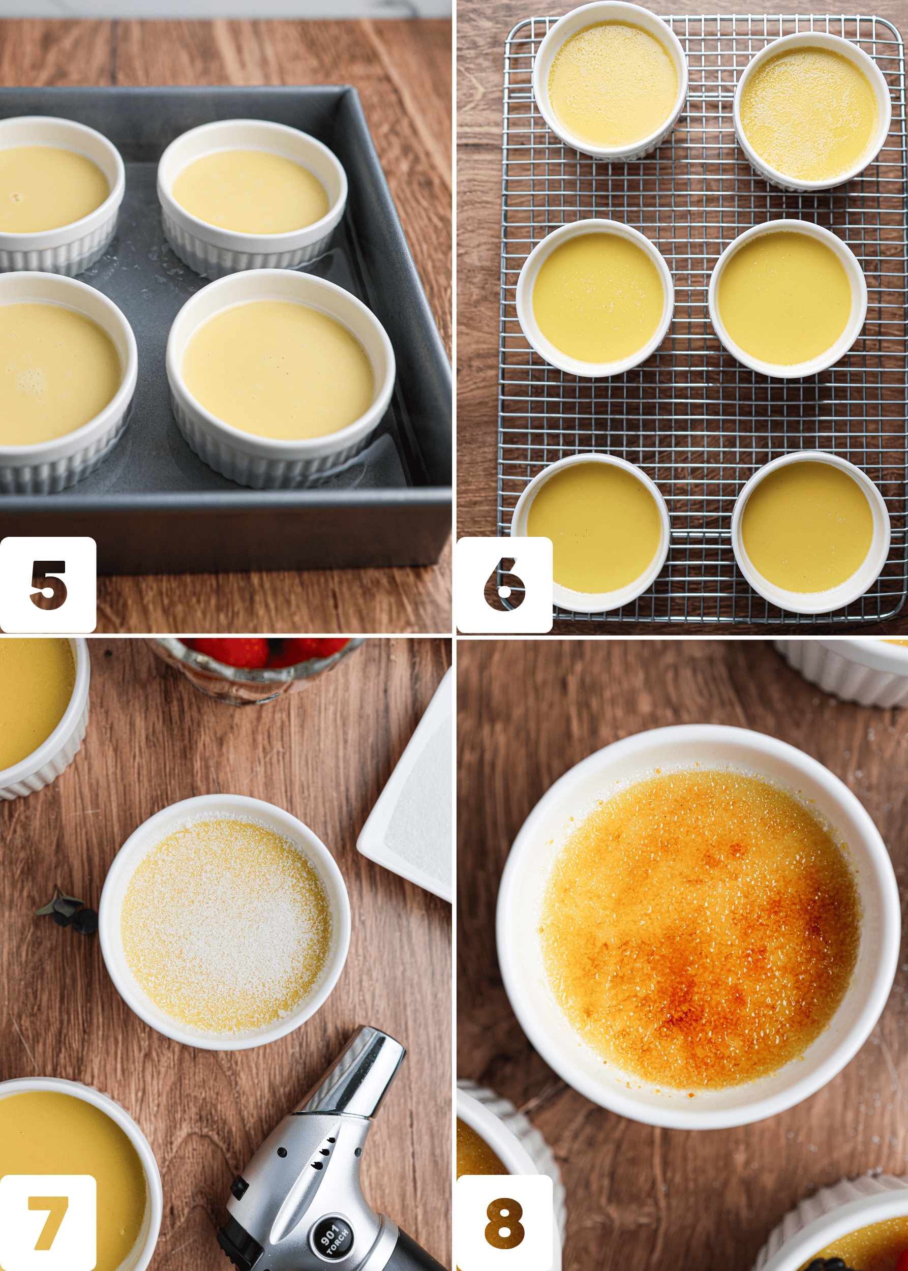 Four-step Crème Brûlée process: custard in ramekins before baking, cooled custard, sugar sprinkled on top, and a finished dessert crowned with a caramelized sugar crust.