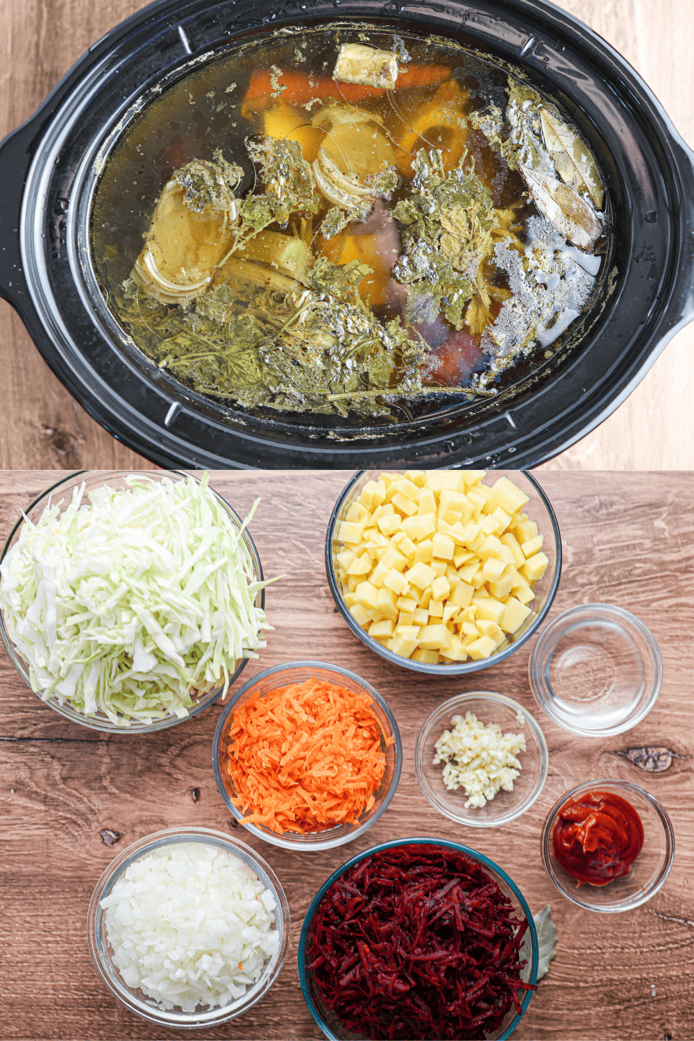 A slow cooker with broth and herbs sits above bowls of chopped cabbage, potatoes, carrots, beets, onion, minced garlic, ketchup, and a small cup of water on a wooden surface—perfect ingredients for homemade borscht.