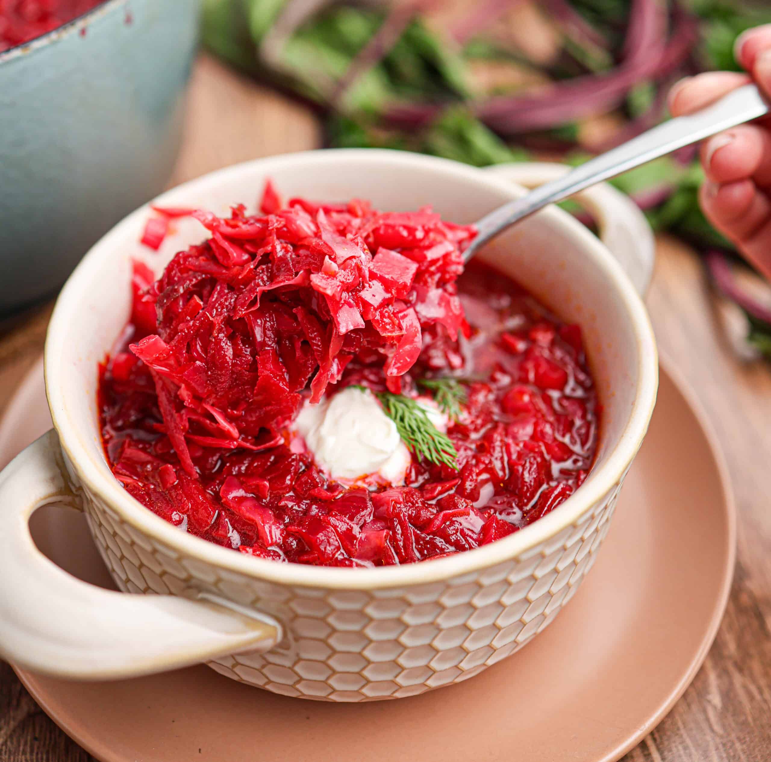 A steaming bowl of borscht with shredded beets, a dollop of sour cream, and a sprig of dill, as a spoon lifts a portion of the vibrant soup from the bowl.