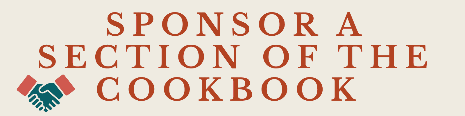 Text reads Sponsor a section of the cookbook in large serif font, with a graphic of two hands shaking in the lower left corner—perfect for jam jar kitchen events.