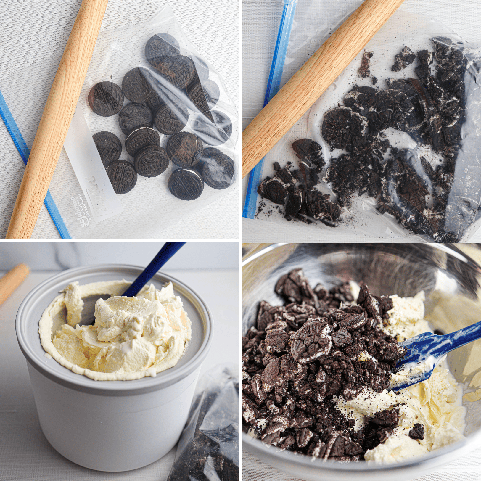 Four images show cookies in a bag, the cookies crushed with a rolling pin, vanilla ice cream in a container, and the ice cream mixed with crushed cookies to make cookies and cream ice cream.