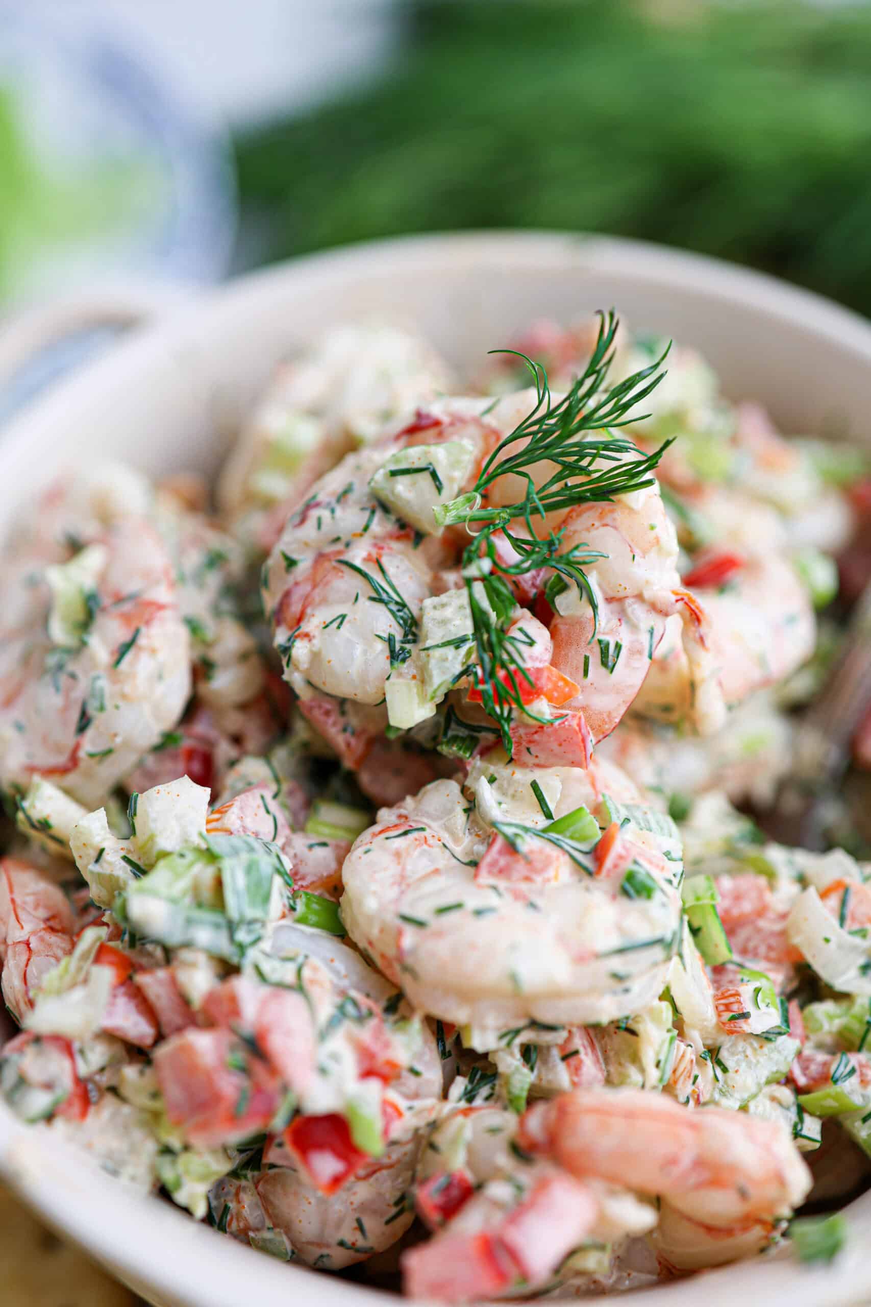 A close-up of a vibrant shrimp salad with chopped vegetables, fresh herbs, and a creamy dressing, garnished with a sprig of dill.