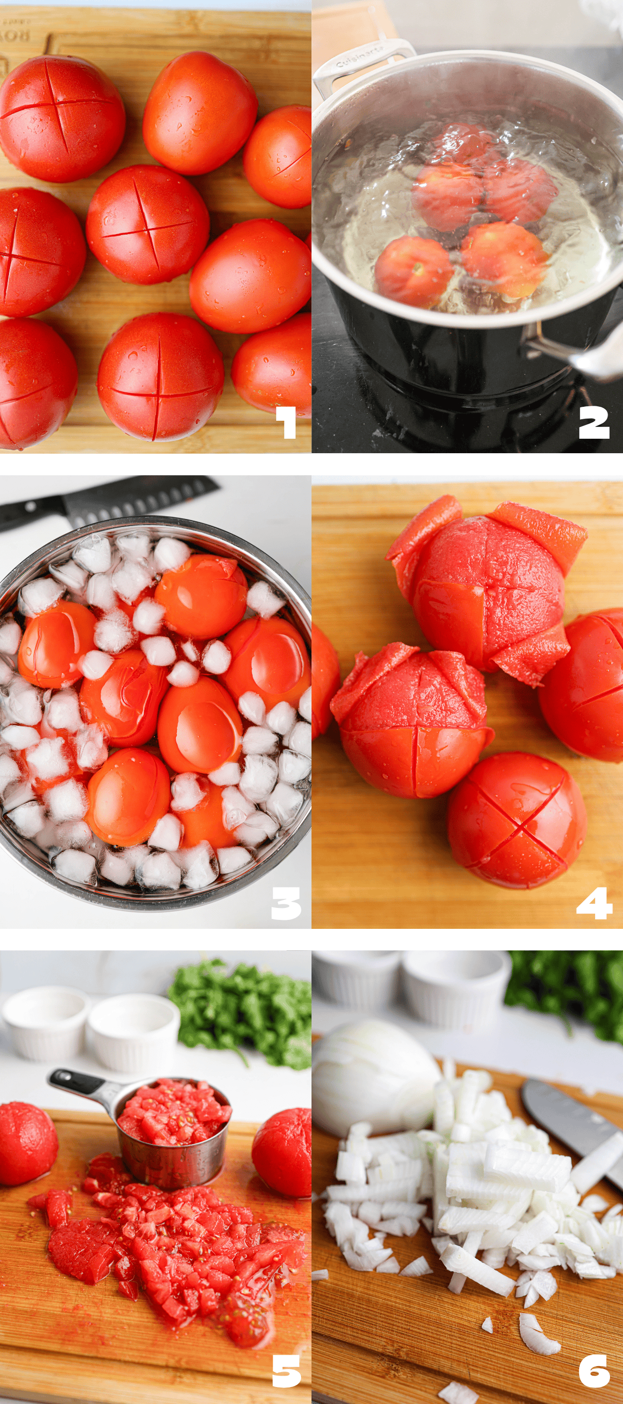 Step-by-step process of blanching, peeling, and dicing tomatoes for salsa for canning, shown alongside chopped onions on a cutting board.