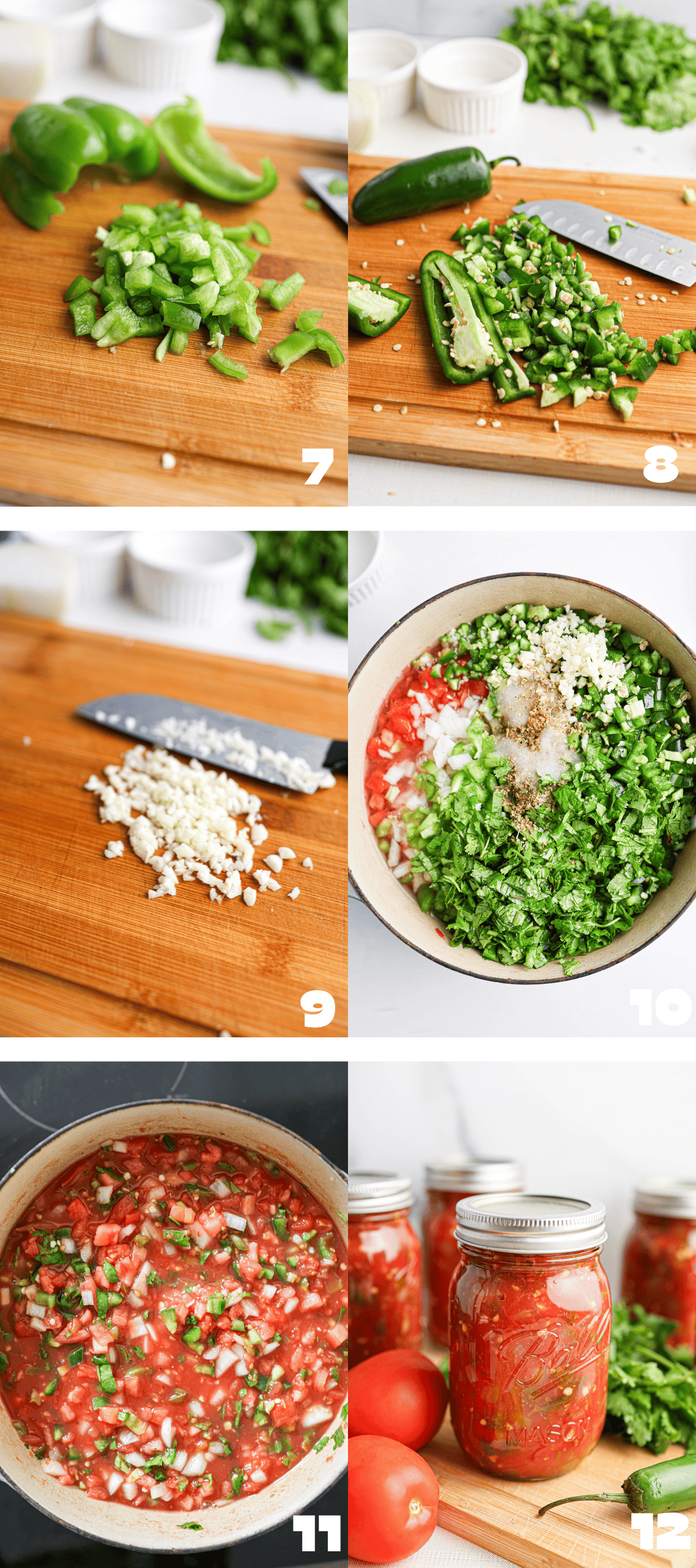 Step-by-step images show chopped green peppers, jalapeños, and garlic being prepared and added to a pot with tomatoes, then cooked and canned in jars—perfect homemade salsa for canning.
