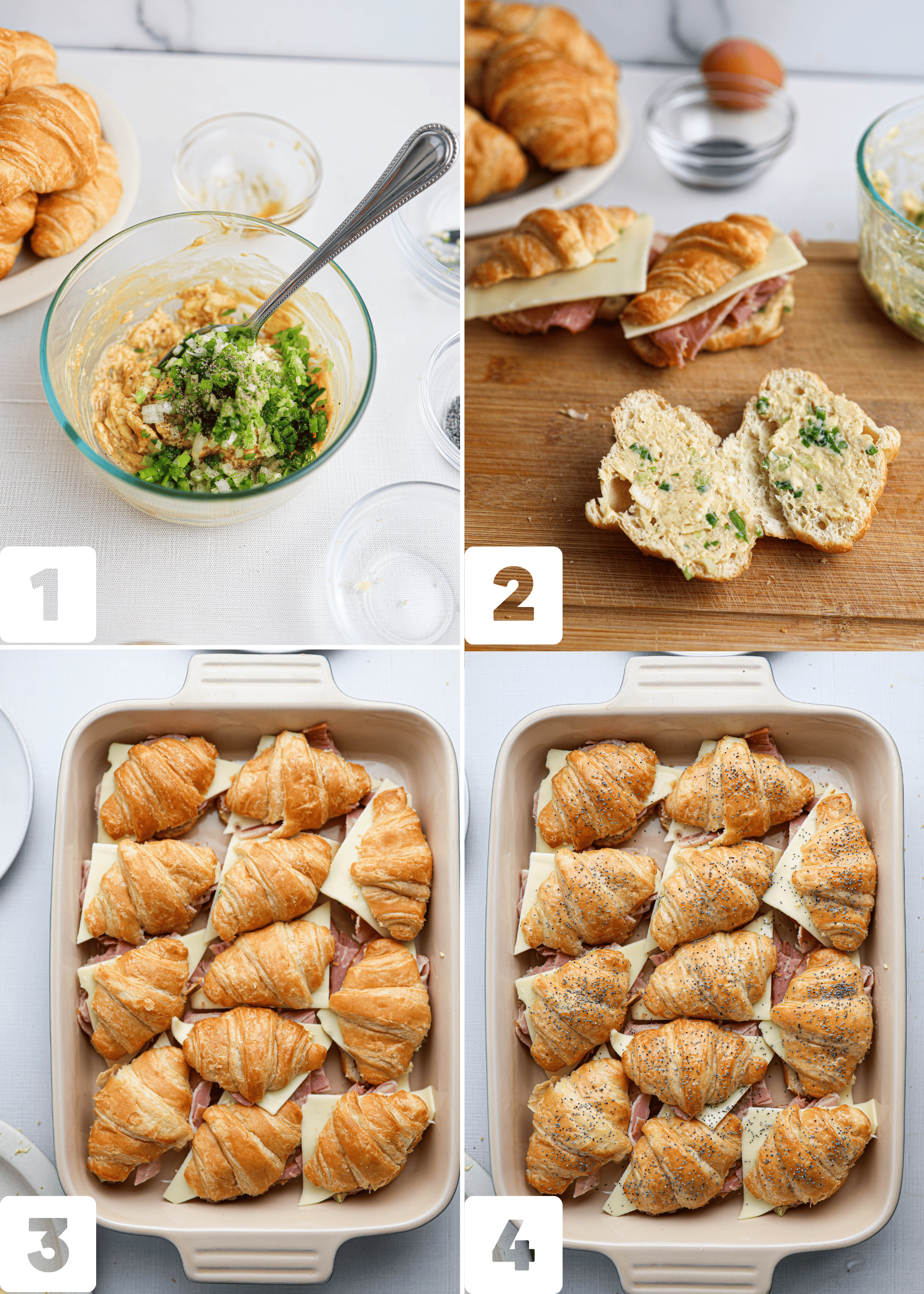 Step-by-step process of preparing ham and cheese croissants: mixing filling, assembling the sandwiches, arranging in a baking dish, and topping with seasoning before baking.
