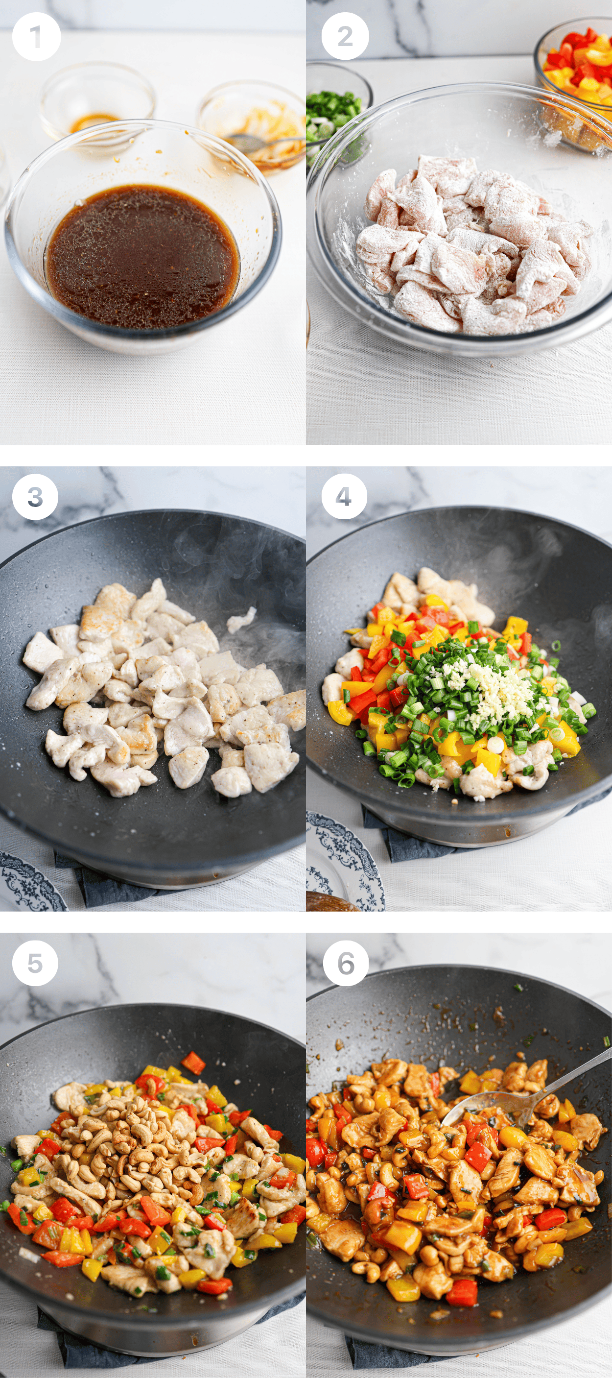 Six-step cashew chicken cooking process: mixing sauce, coating chicken, cooking in a pan, adding vegetables and green onions, mixing in cashews, and combining everything in a wok.