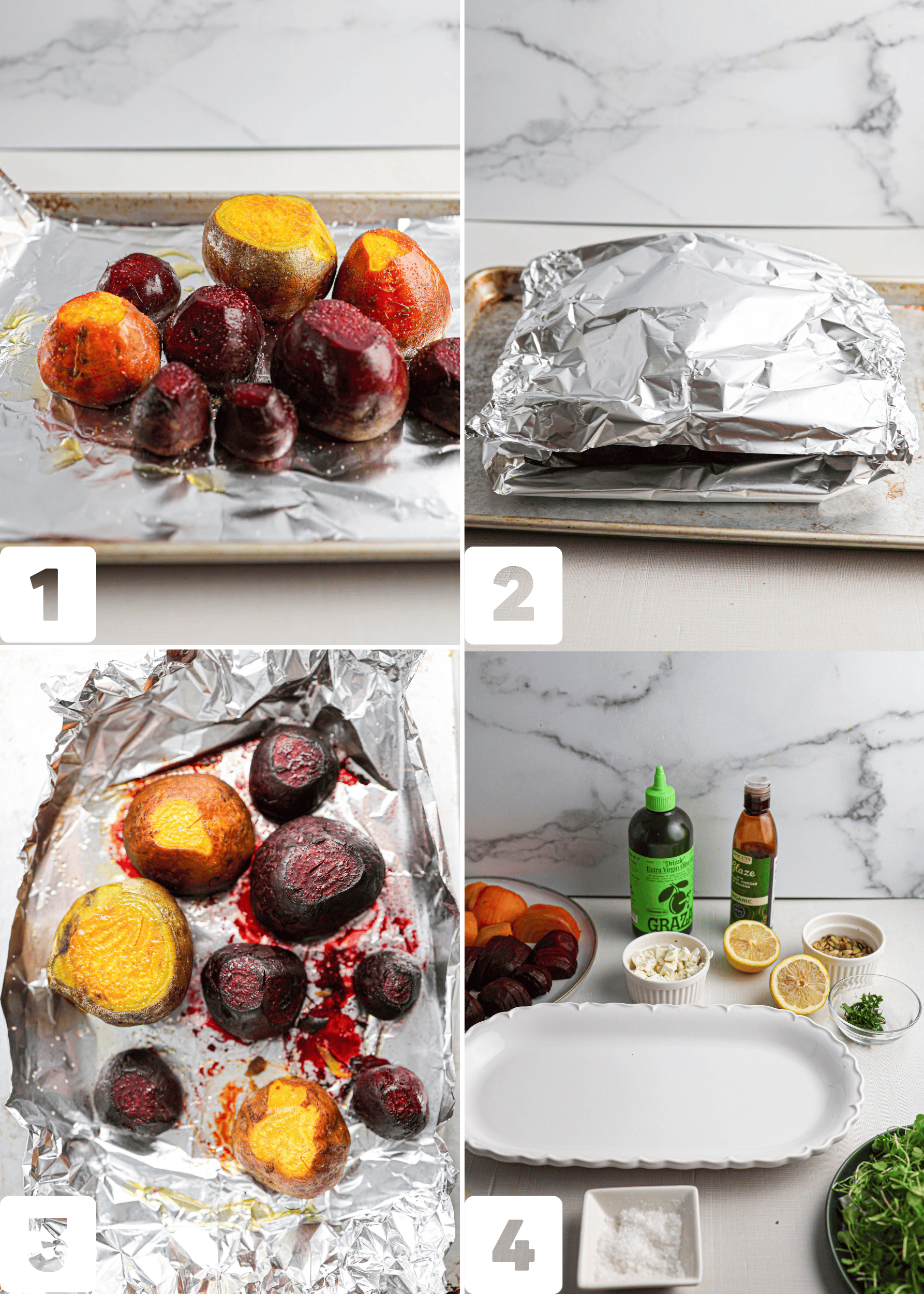 Four-step process: whole beets on foil, covered in foil, roasted beets unwrapped, and ingredients arranged for preparing a beet salad on a counter.