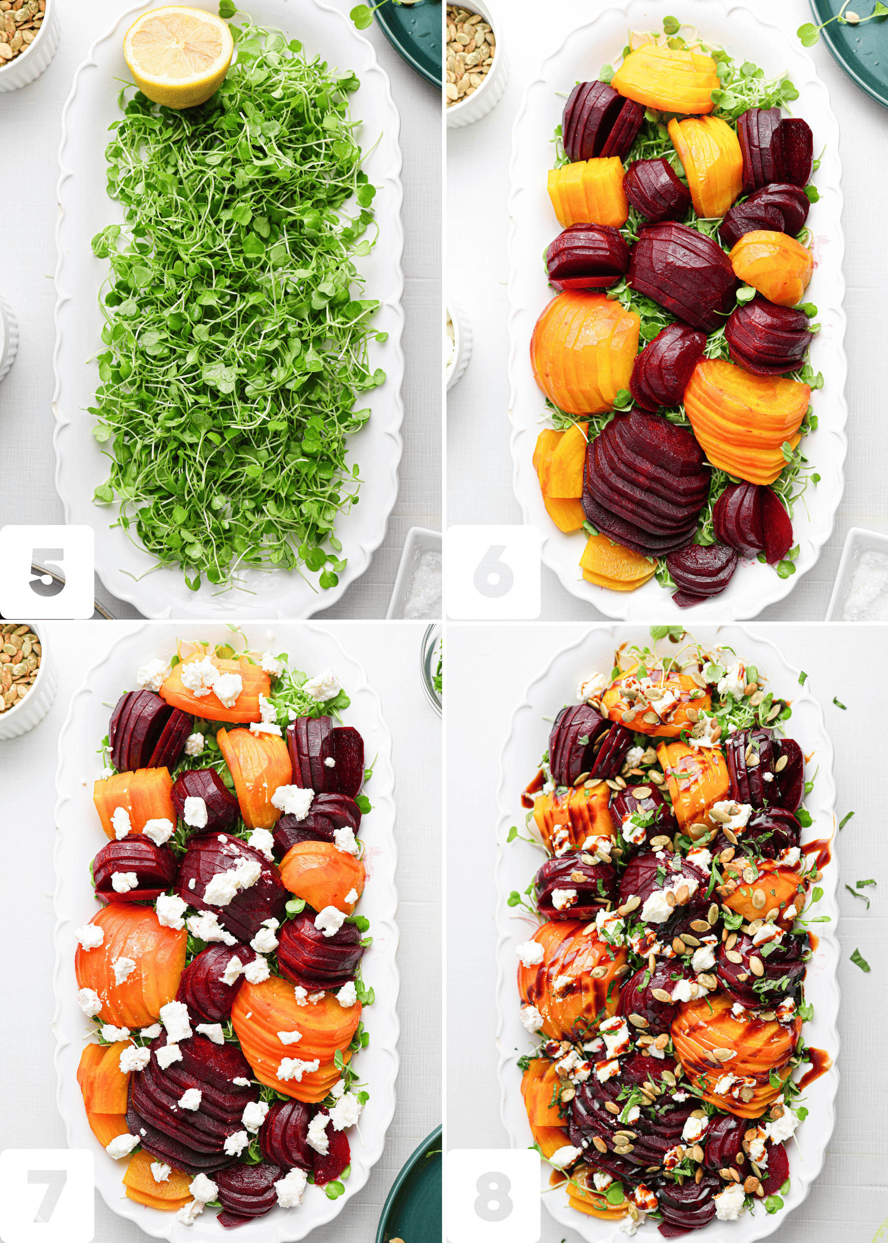 Four-step process of assembling a beet salad: microgreens layered, sliced beets added, topped with crumbled cheese, and finished with dressing and chopped herbs on a white platter.