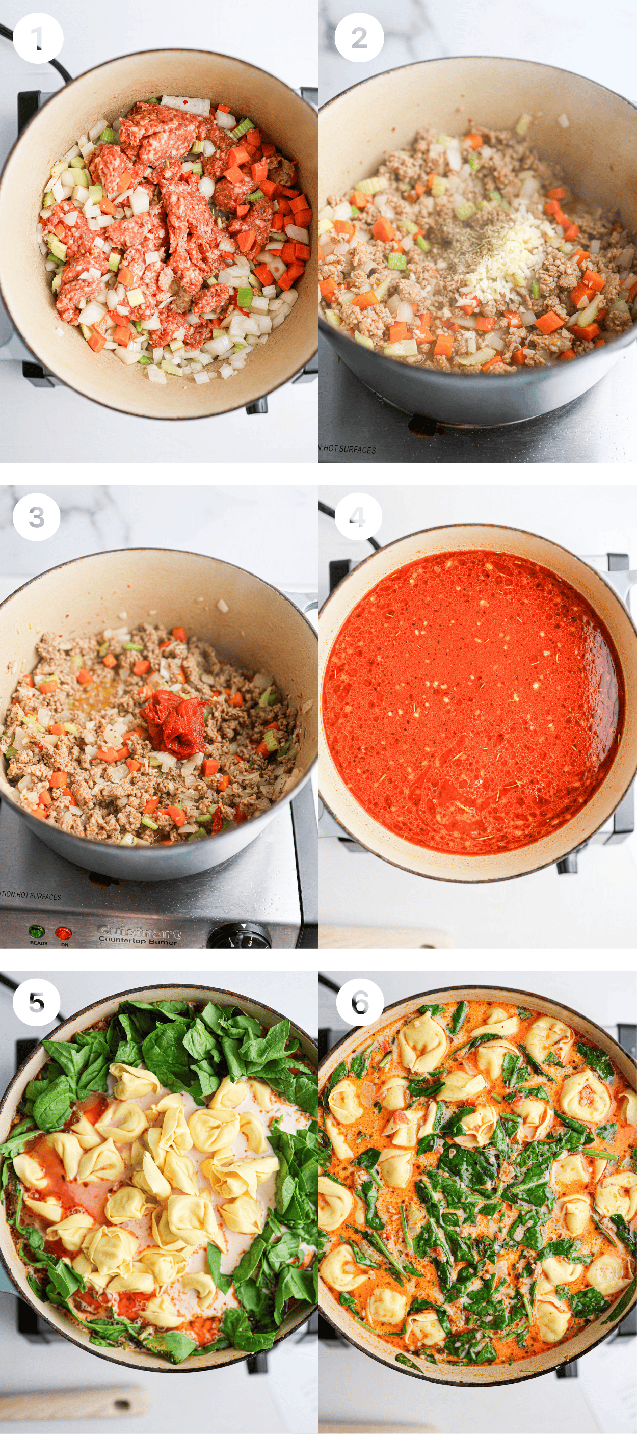 Six-step process of making tortellini soup: cooking ground meat with vegetables, adding seasonings, tomato paste, broth, fresh spinach, and tortellini, then simmering the mixture in a large pot on the stove.