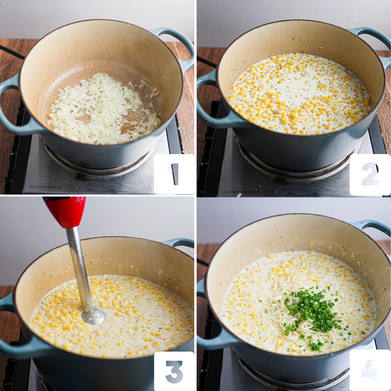 A pot on a stove shows four cooking steps: sautéed onions, corn and milk added to create a creamy base for creamed corn, mixture blended with a hand blender, then cheese and chopped herbs added.