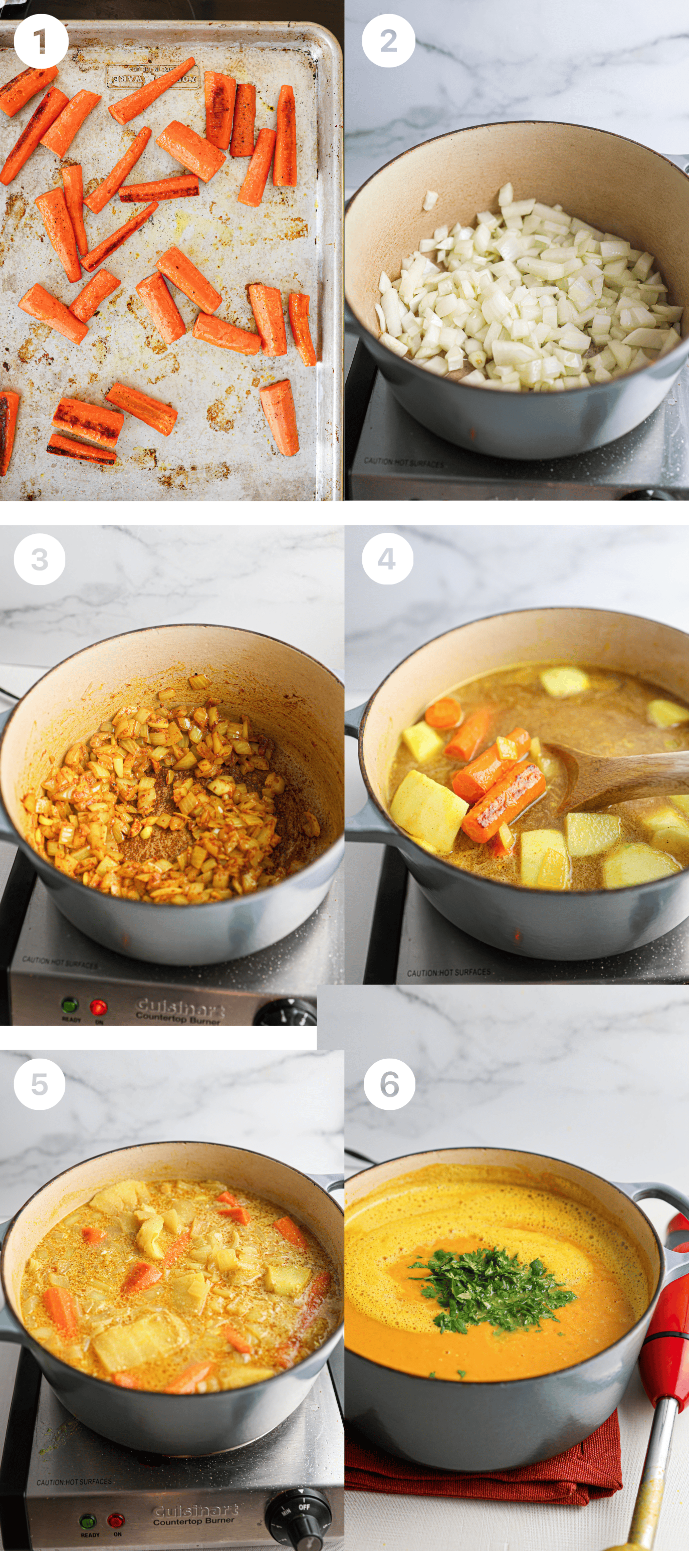 Six-step process for making carrot soup: roasting carrots, sautéing onions, cooking spices, adding broth and carrots, simmering with potatoes, blending soup until smooth, and garnishing with fresh herbs.