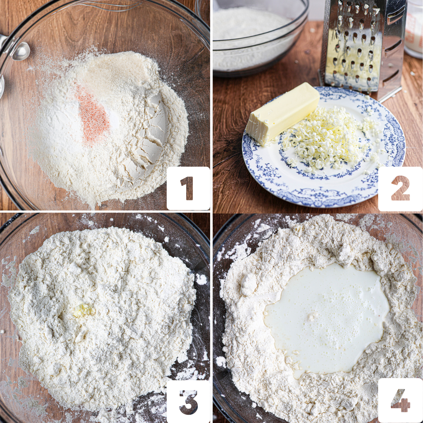 Four steps for baking buttermilk biscuits: flour and salt in a bowl, grated butter on a plate, butter mixed into flour, and milk added to the flour mixture. Each step is labeled 1 to 4.