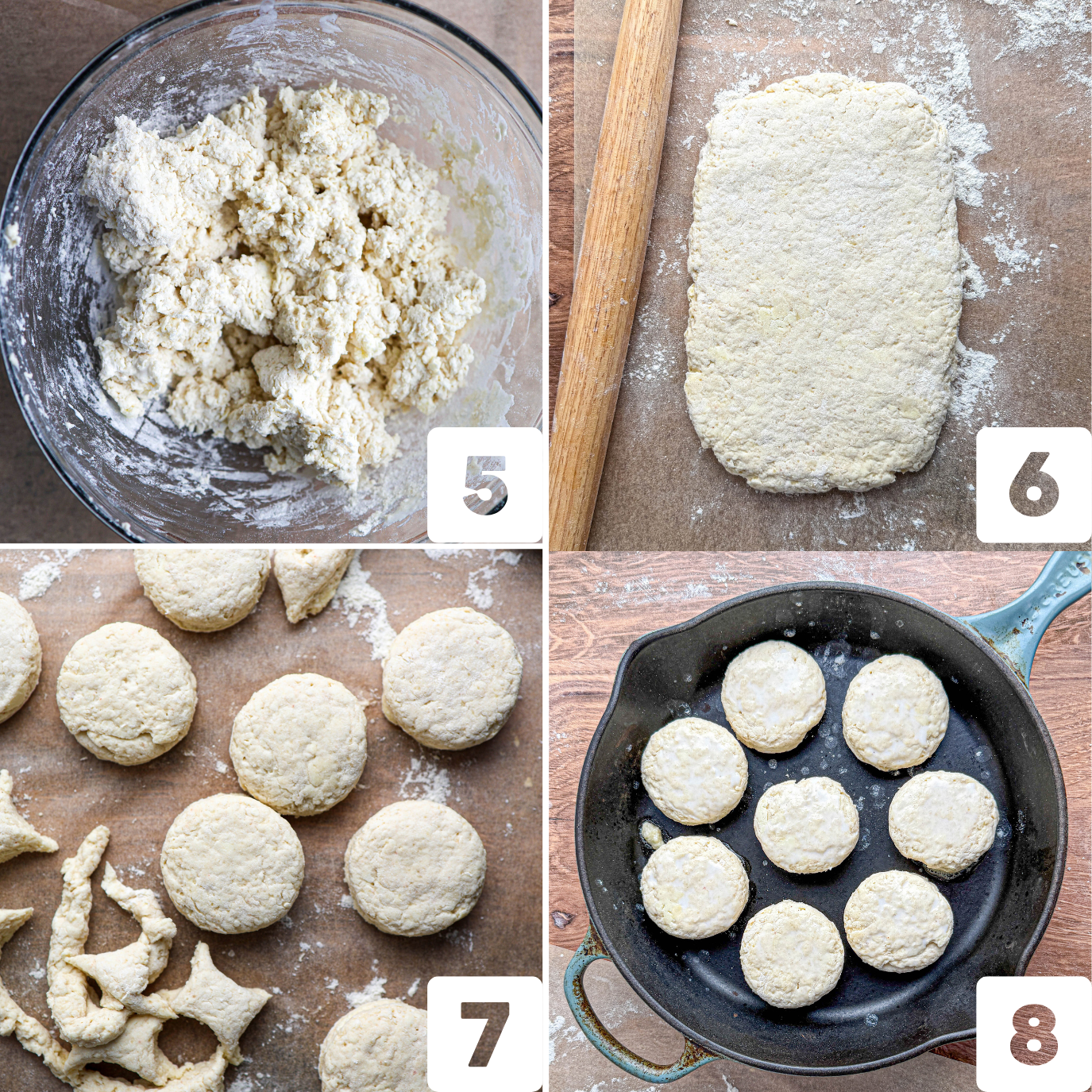 Biscuit dough in a bowl, rolled out buttermilk biscuit dough, cut biscuit rounds, and arranged biscuits in a cast iron skillet, labeled steps 5 to 8.
