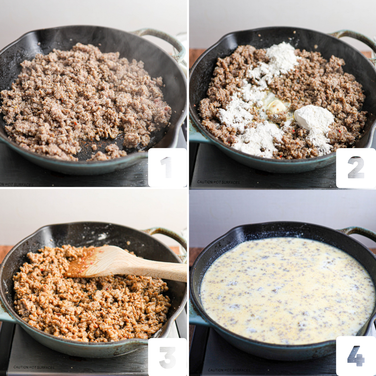 Follow this simple four-step process for making delicious sausage gravy in a skillet: brown the sausage, add flour, stir the mixture thoroughly, then pour in liquid to create a creamy sausage gravy that’s perfect for serving over fresh biscuits.
