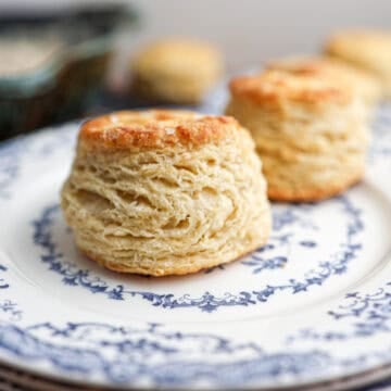 A golden-brown buttermilk biscuit sits on a white and blue patterned plate, with more biscuits visible in the background.