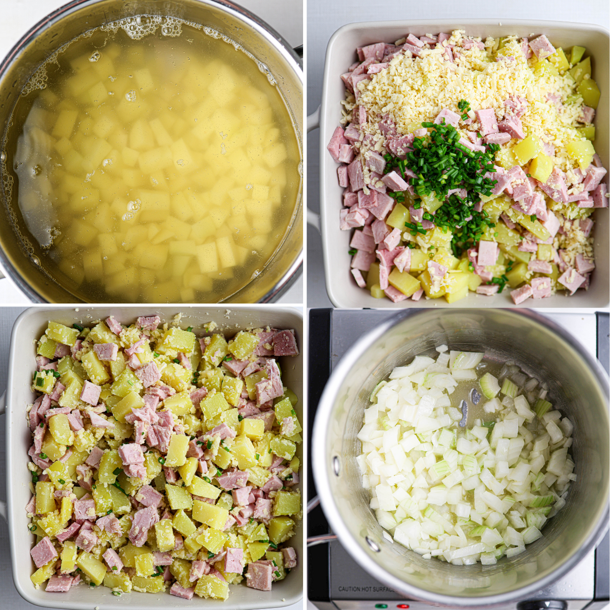 Four-part collage showing potatoes boiling, onions sautéing, and diced ham being mixed with potatoes in a casserole dish for a ham and potato casserole.