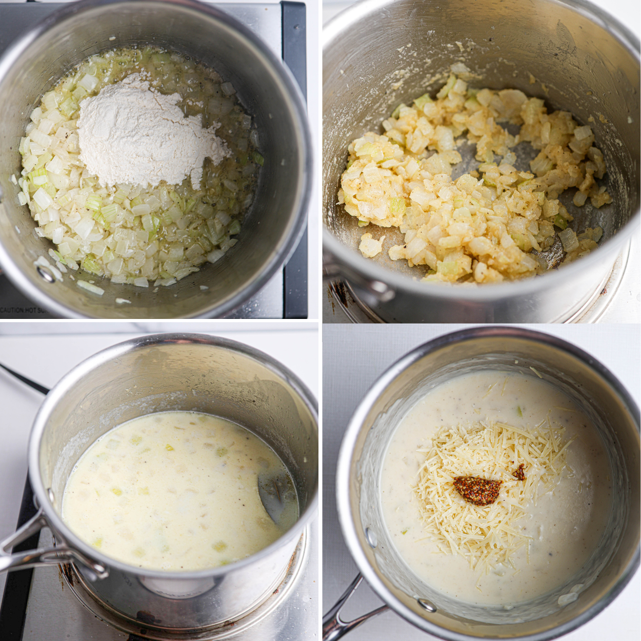 Four photos showing the base for a ham and potato casserole: sautéed onions with flour, the cooked roux, liquid added with a bay leaf, and the finished sauce topped with shredded cheese and spices.