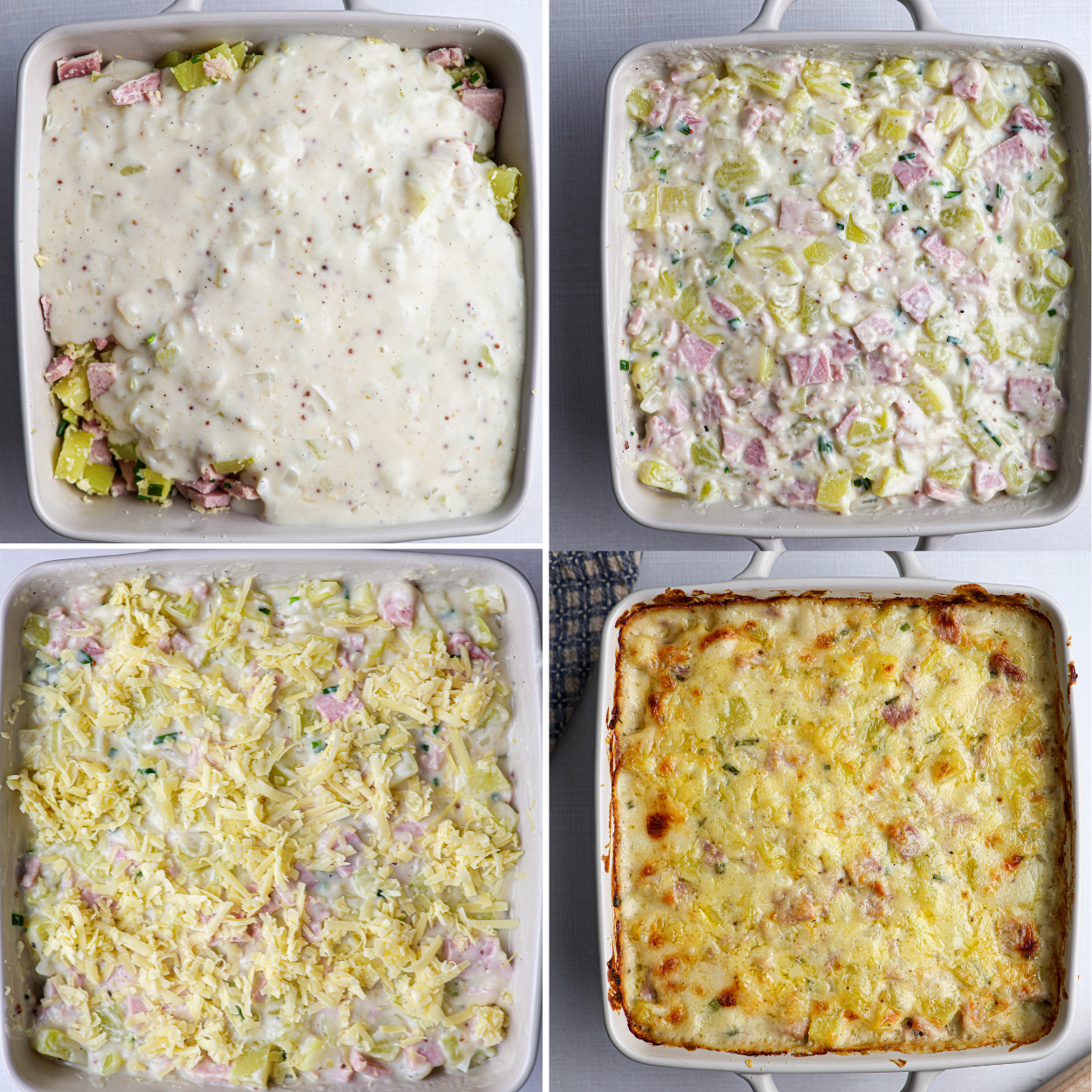 A four-step process for preparing a ham and potato casserole: adding creamy sauce, mixing ingredients, sprinkling with shredded cheese, and baking until golden brown.